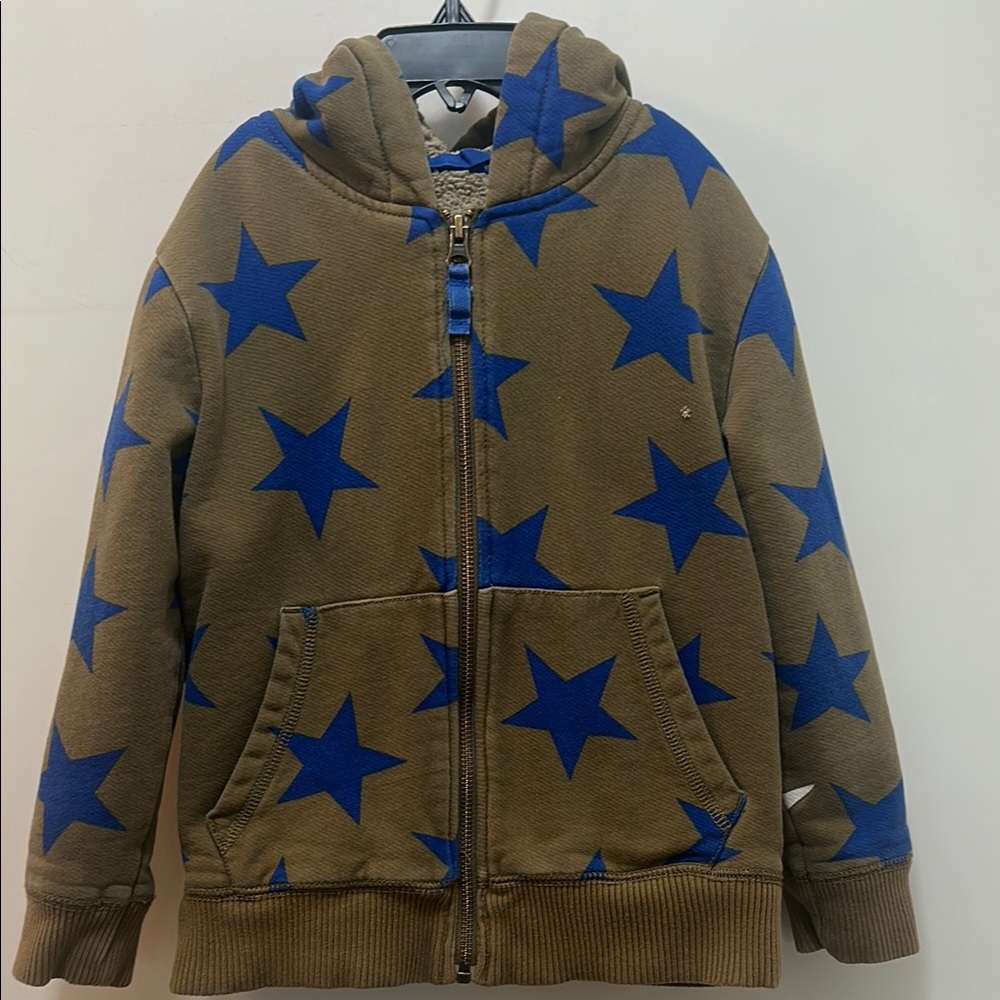 Mini Boden Olive Green / Tan Zip Up Hoodie Jacket with Blue Stars Size 4-5